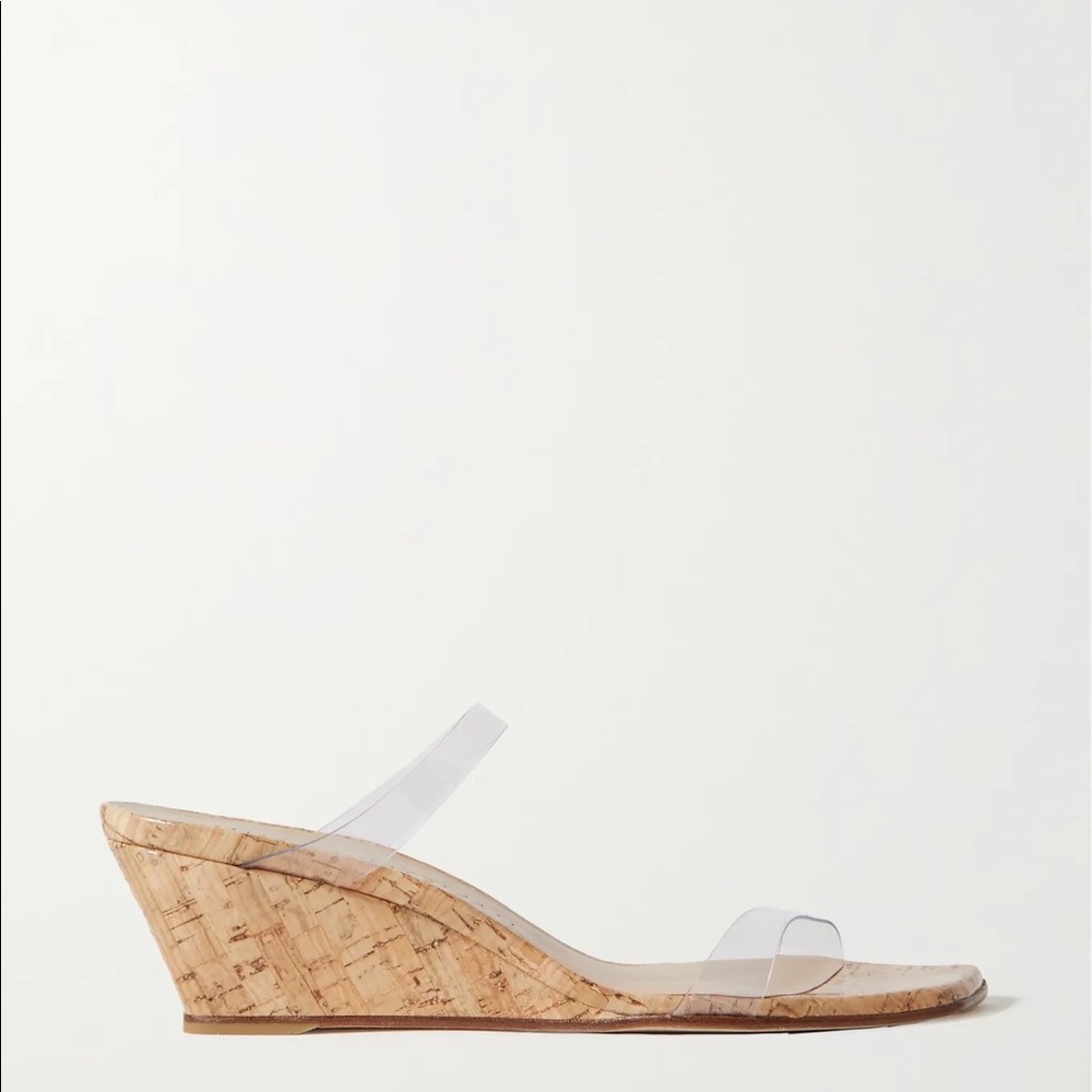 Stuart Weitzman Size 7 Aleena Cork Wedge Heels Net-A-Porter $395 Clear Strap